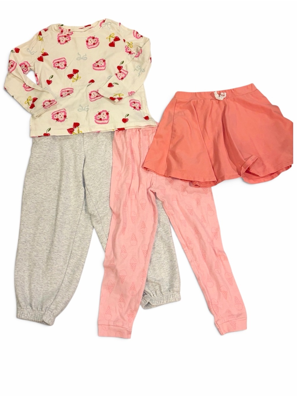 4 Pieces of Girls Clothing with Pink Heart Top and Coral Skort, 2 Pants Size 5